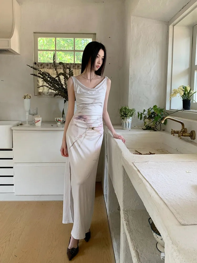 Elegant Retro Printed High-End Custom Stretch Fabric With Split Flower Watercolor Dress