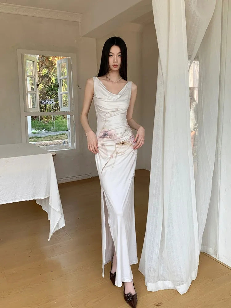 Elegant Retro Printed High-End Custom Stretch Fabric With Split Flower Watercolor Dress
