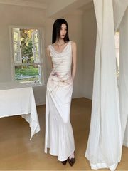 Elegant Retro Printed High-End Custom Stretch Fabric With Split Flower Watercolor Dress