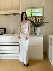 Elegant Retro Printed High-End Custom Stretch Fabric With Split Flower Watercolor Dress