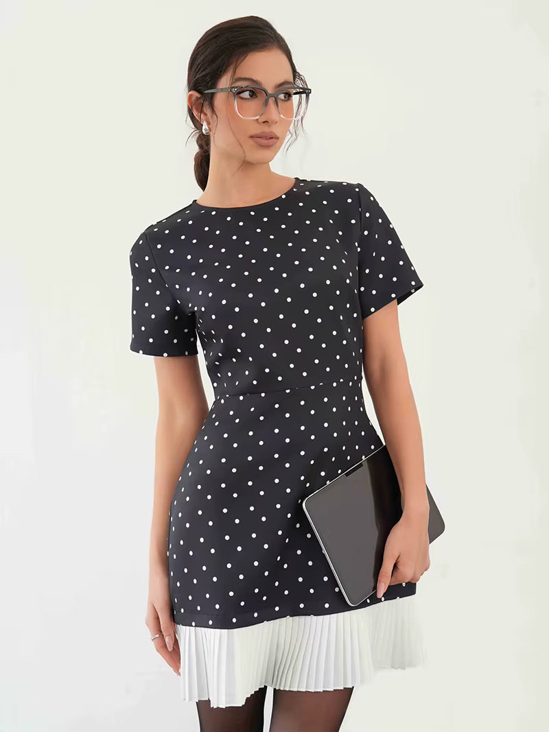 Elegant Retro Short Sleeve Polka Dot Beach Style Polka Dot Mini Dress