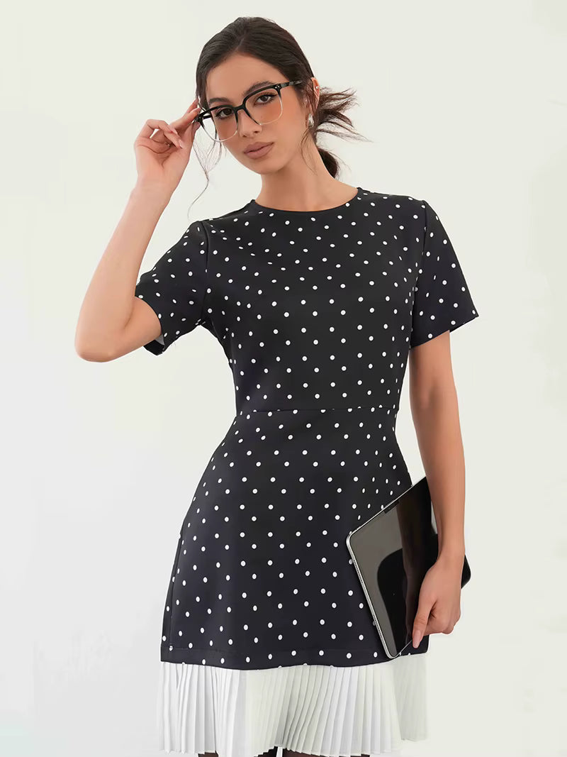 Elegant Retro Short Sleeve Polka Dot Beach Style Polka Dot Mini Dress