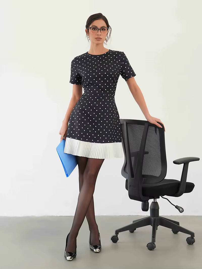 Elegant Retro Short Sleeve Polka Dot Beach Style Polka Dot Mini Dress