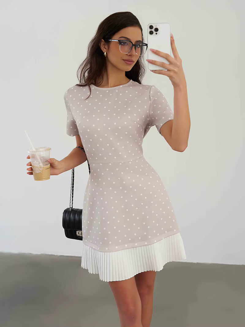 Elegant Retro Short Sleeve Polka Dot Beach Style Polka Dot Mini Dress
