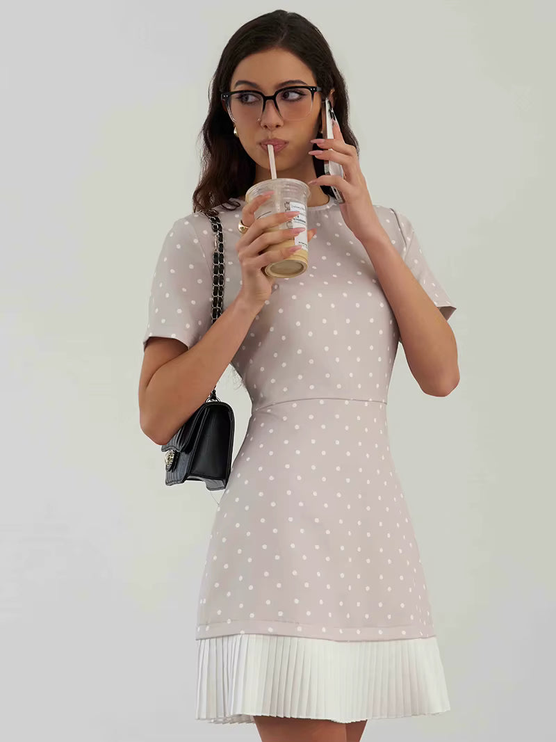 Elegant Retro Short Sleeve Polka Dot Beach Style Polka Dot Mini Dress