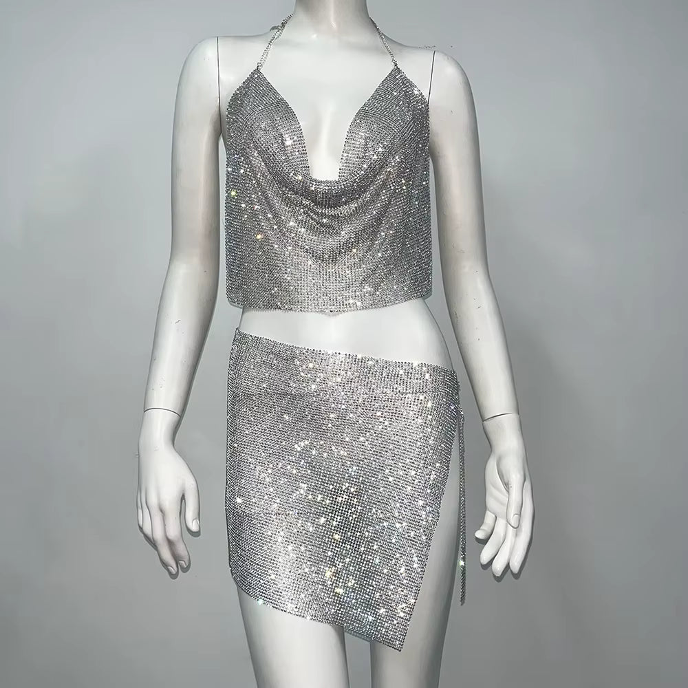 Elegant Rhinestone Backless Sparkly Tank Top and Mini Skirts Set