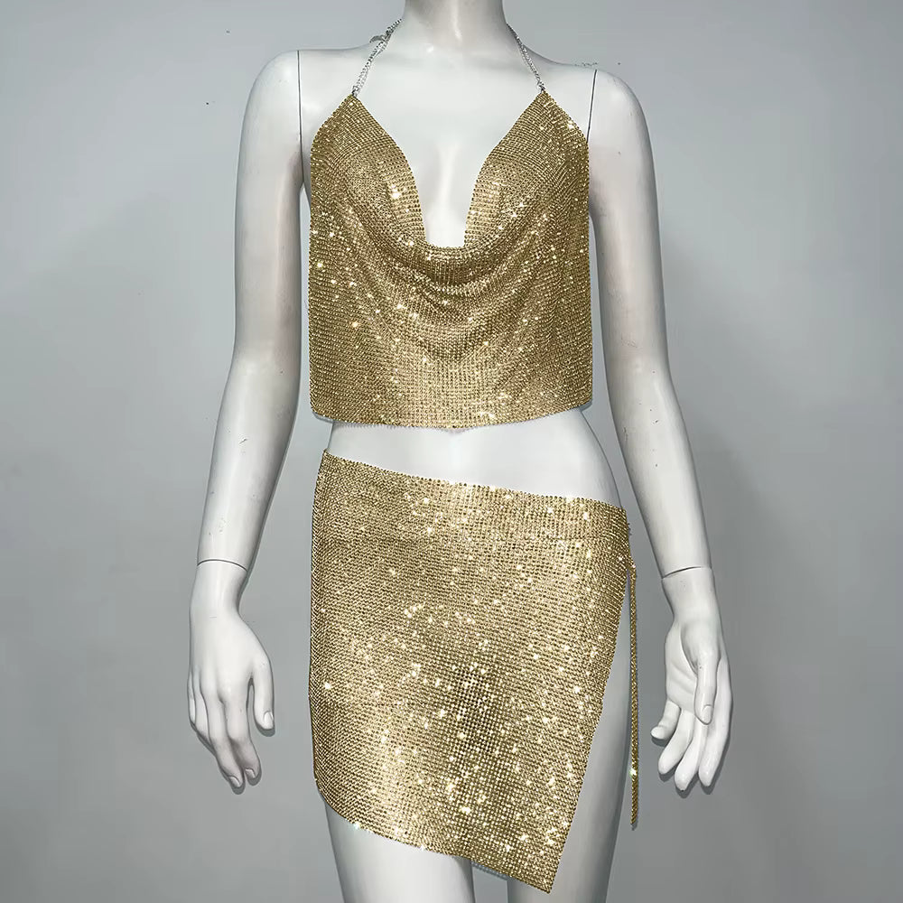 Elegant Rhinestone Backless Sparkly Tank Top and Mini Skirts Set