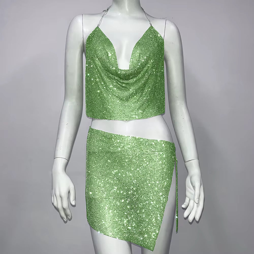 Elegant Rhinestone Backless Sparkly Tank Top and Mini Skirts Set
