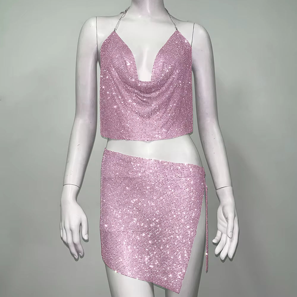 Elegant Rhinestone Backless Sparkly Tank Top and Mini Skirts Set