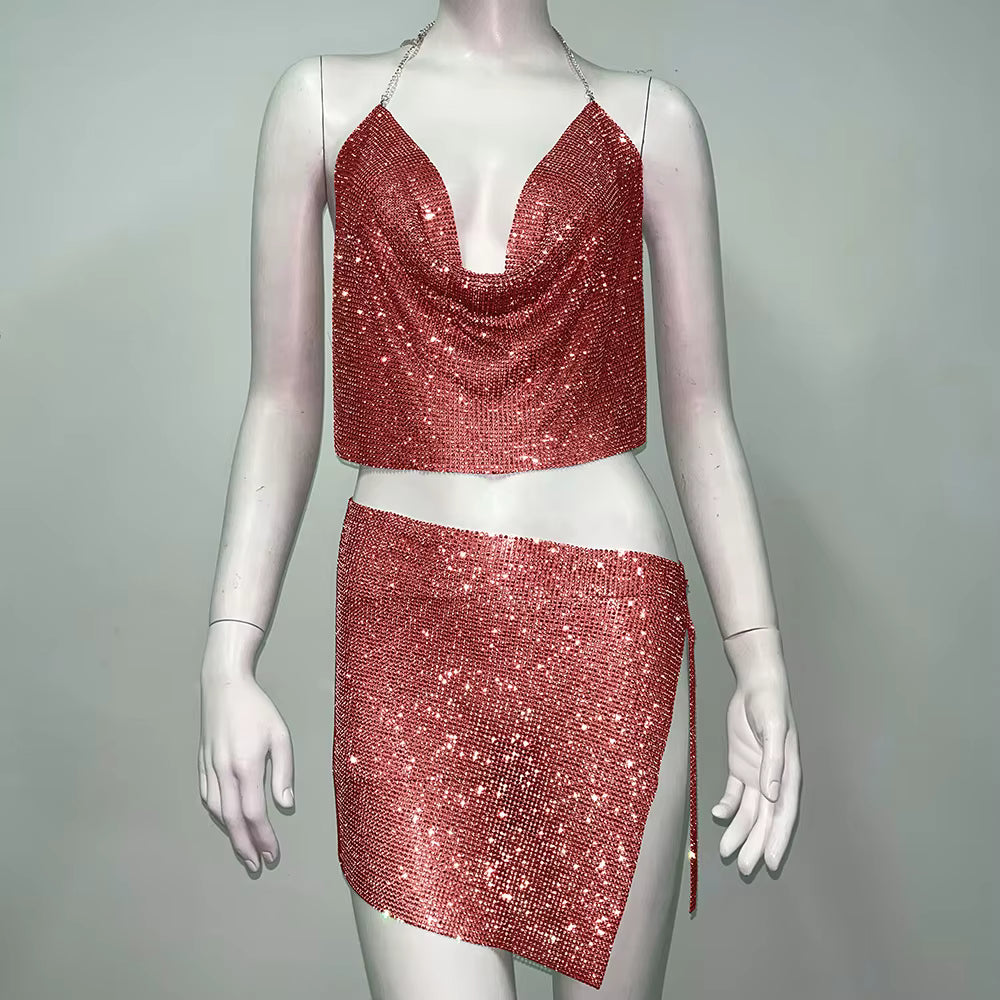 Elegant Rhinestone Backless Sparkly Tank Top and Mini Skirts Set