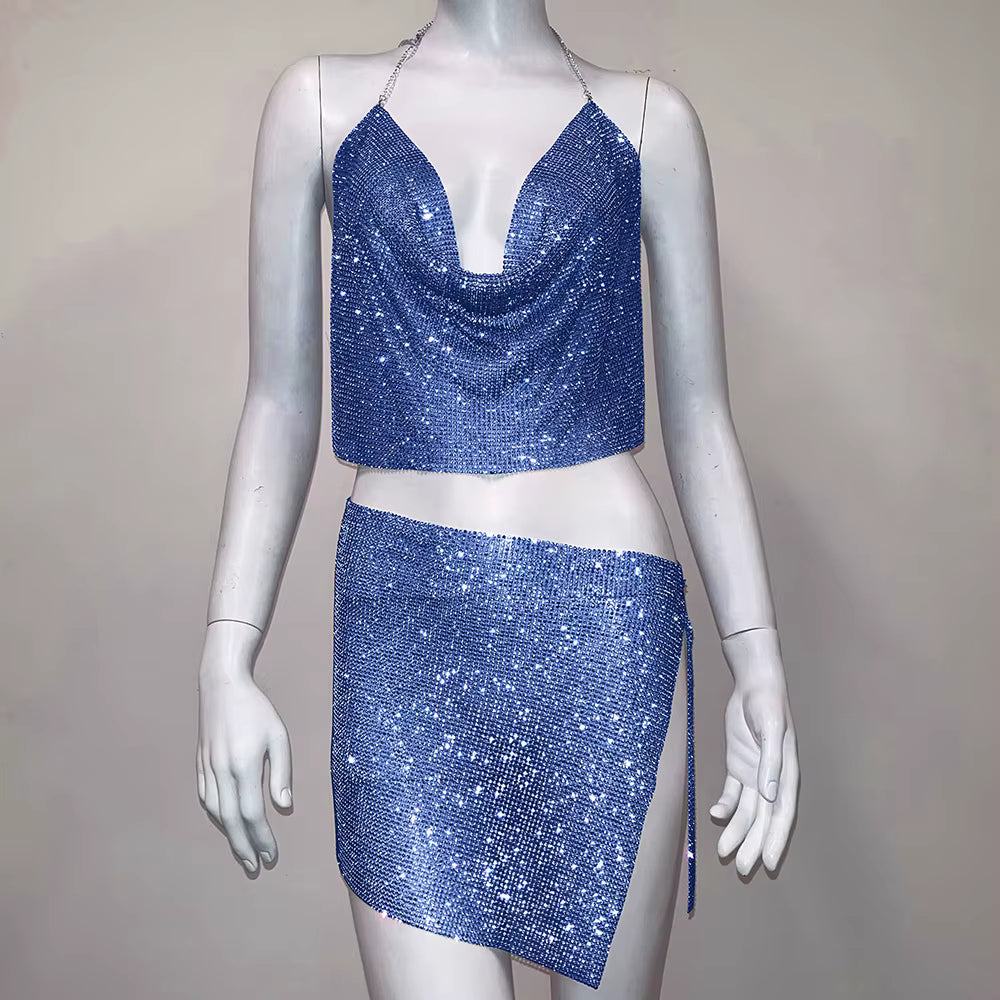 Elegant Rhinestone Backless Sparkly Tank Top and Mini Skirts Set