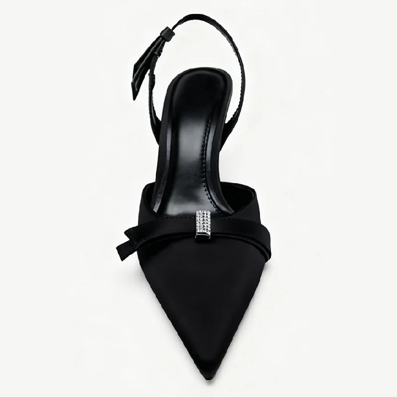 Elegant  Rhinestone Bow Decorated Slingbacks Pumps Pointed Toe Stiletto Sandals Designer Black High Heel