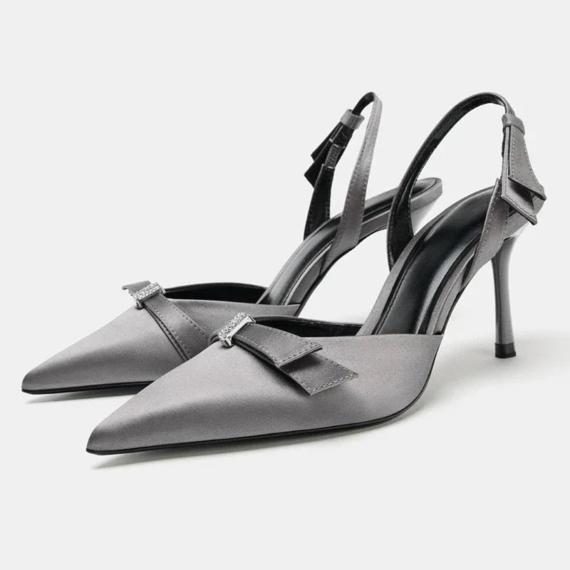 Elegant  Rhinestone Bow Decorated Slingbacks Pumps Pointed Toe Stiletto Sandals Designer Black High Heel