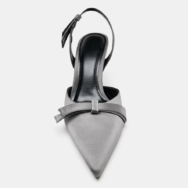 Elegant  Rhinestone Bow Decorated Slingbacks Pumps Pointed Toe Stiletto Sandals Designer Black High Heel