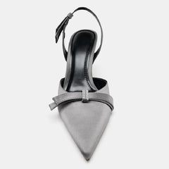 Elegant  Rhinestone Bow Decorated Slingbacks Pumps Pointed Toe Stiletto Sandals Designer Black High Heel