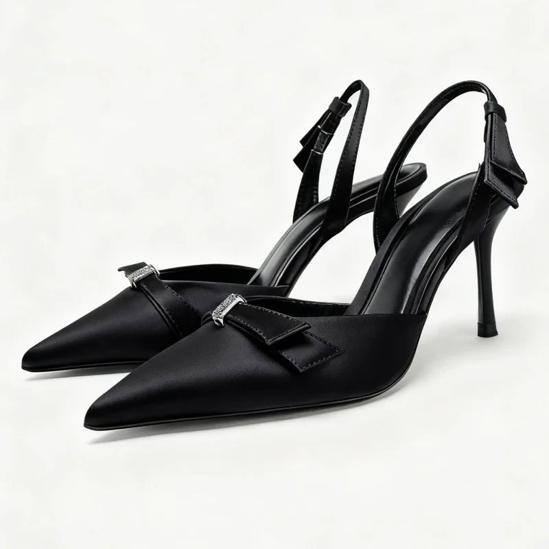 Elegant  Rhinestone Bow Decorated Slingbacks Pumps Pointed Toe Stiletto Sandals Designer Black High Heel