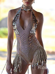 Elegant Rhinestone Sequin Tassel POLYESTER Hanging Neck Jumpsuit