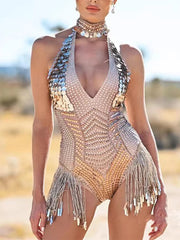 Elegant Rhinestone Sequin Tassel POLYESTER Hanging Neck Jumpsuit