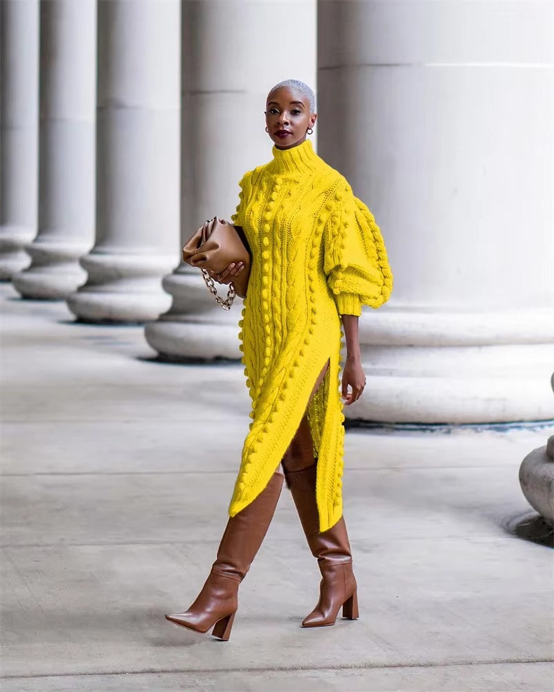 Elegant Ribbed Knitted Stretchy Turtleneck Sweater Midi Dress