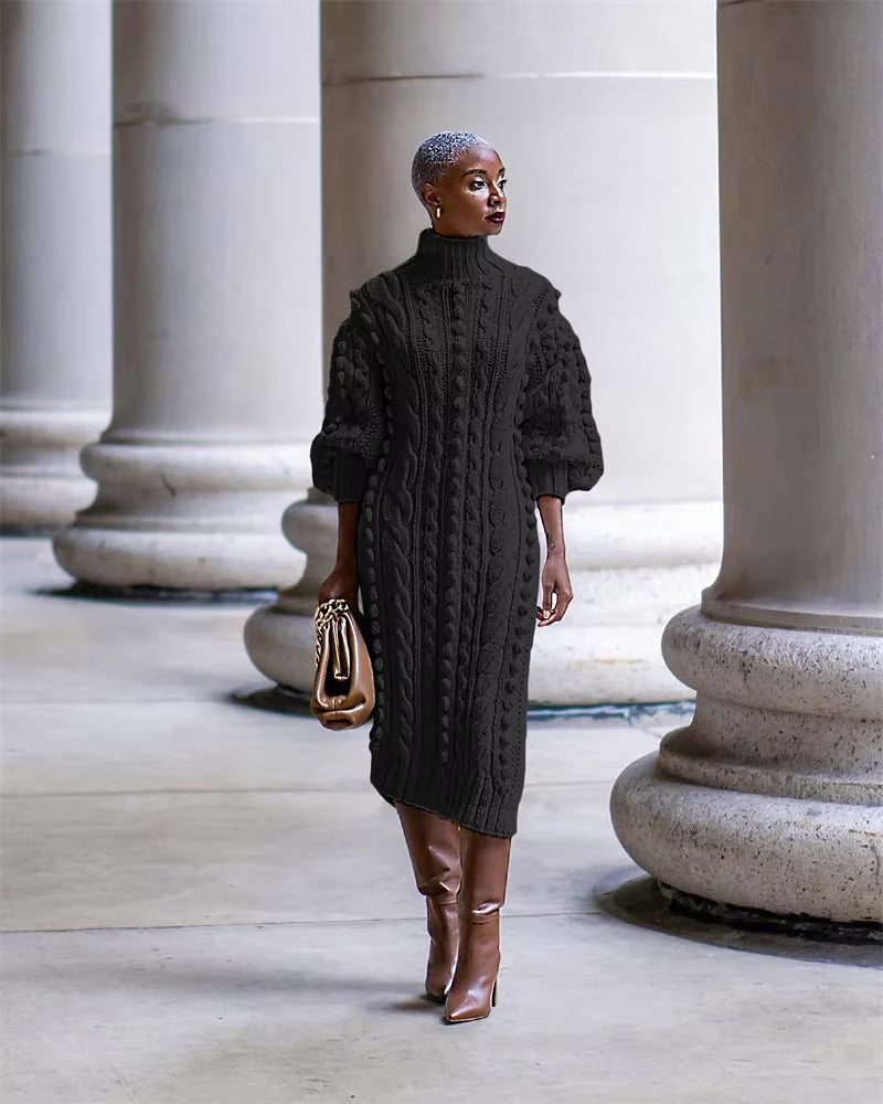 Elegant Ribbed Knitted Stretchy Turtleneck Sweater Midi Dress
