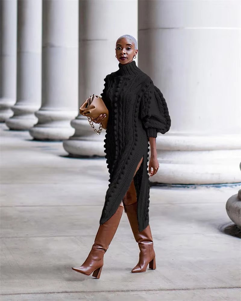 Elegant Ribbed Knitted Stretchy Turtleneck Sweater Midi Dress