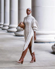Elegant Ribbed Knitted Stretchy Turtleneck Sweater Midi Dress