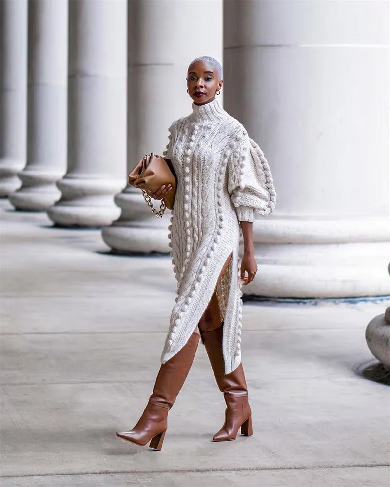 Elegant Ribbed Knitted Stretchy Turtleneck Sweater Midi Dress