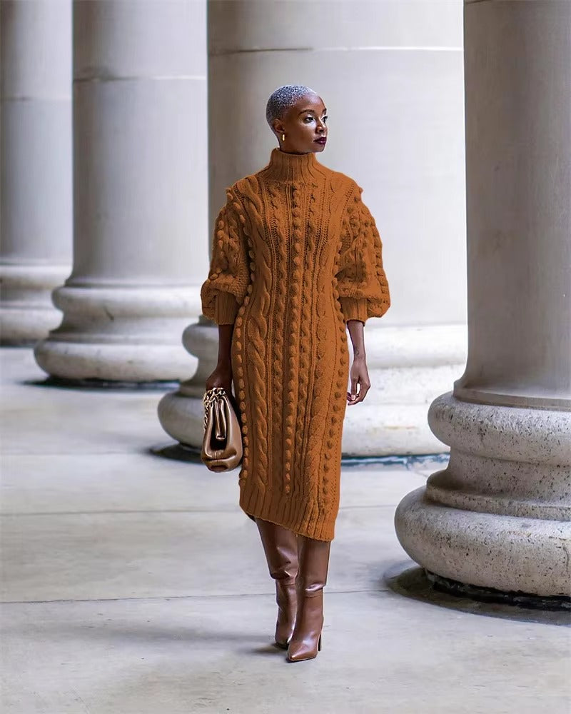 Elegant Ribbed Knitted Stretchy Turtleneck Sweater Midi Dress