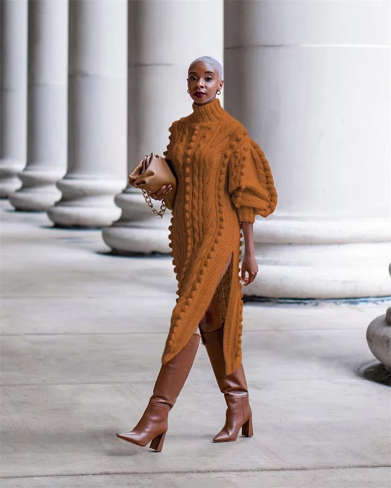 Elegant Ribbed Knitted Stretchy Turtleneck Sweater Midi Dress