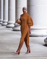 Elegant Ribbed Knitted Stretchy Turtleneck Sweater Midi Dress