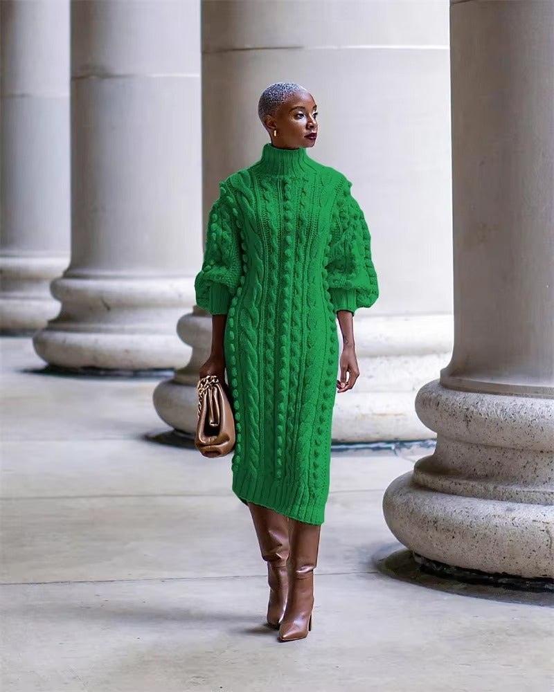 Elegant Ribbed Knitted Stretchy Turtleneck Sweater Midi Dress