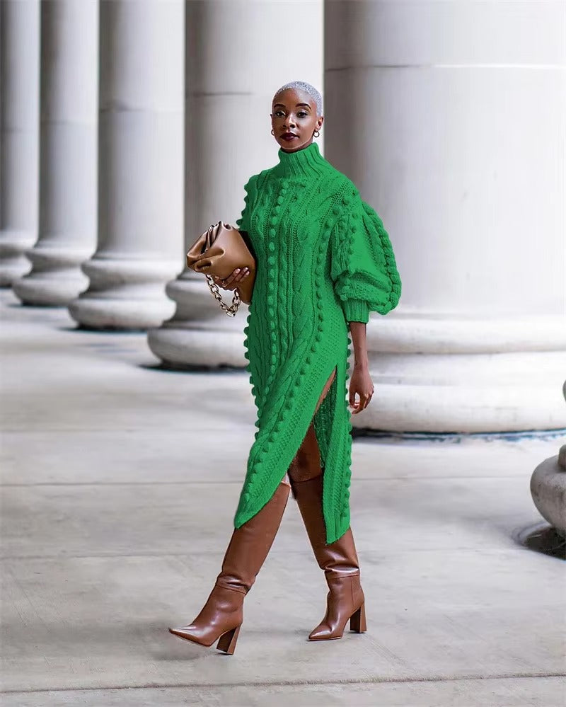 Elegant Ribbed Knitted Stretchy Turtleneck Sweater Midi Dress