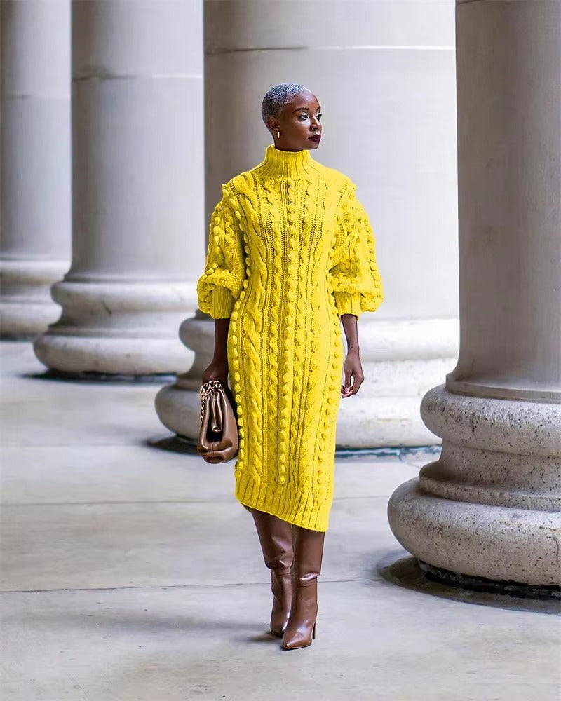 Elegant Ribbed Knitted Stretchy Turtleneck Sweater Midi Dress