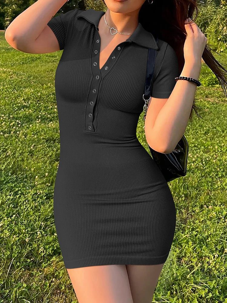 Elegant Ribbed V-Neck Cute Solid Color Short Sleeve Slit Mini Dress