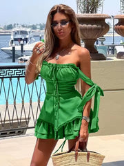 Elegant Robe Spaghetti Strap Ruffled Lace-up Bodycon Mini Dress