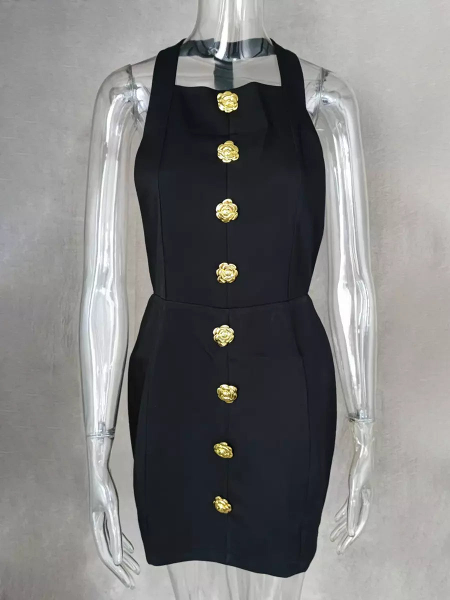 Elegant Button Halter Neck Sleeveless Bodycon Mini Dress