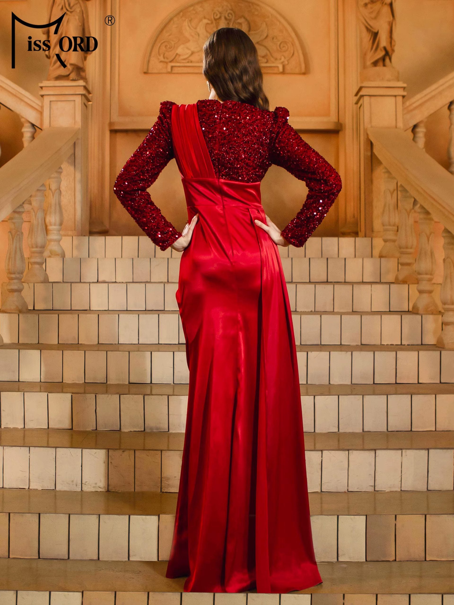 Elegant Round Church Neck Long Sleeved Sequin Satin Formal Dress
