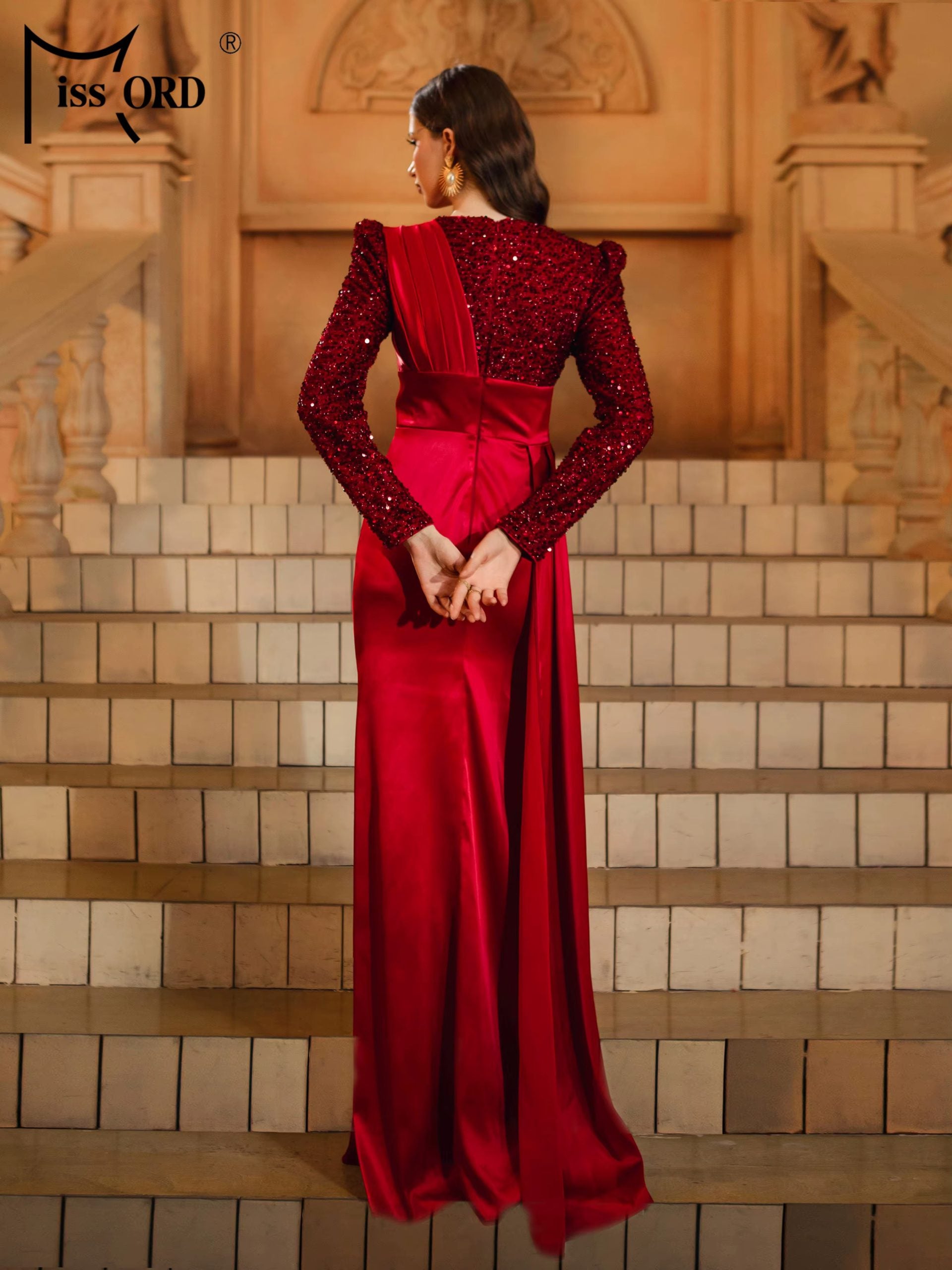 Elegant Round Church Neck Long Sleeved Sequin Satin Formal Dress