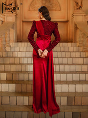 Elegant Round Church Neck Long Sleeved Sequin Satin Formal Dress