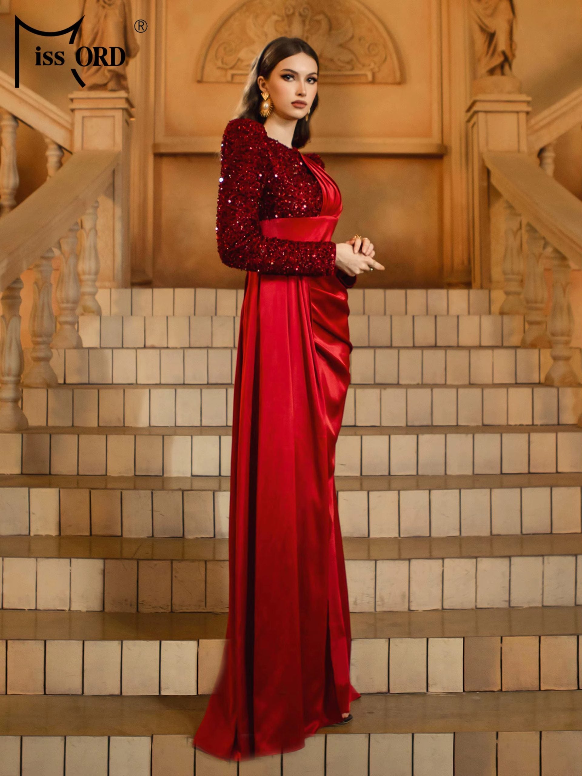 Elegant Round Church Neck Long Sleeved Sequin Satin Formal Dress