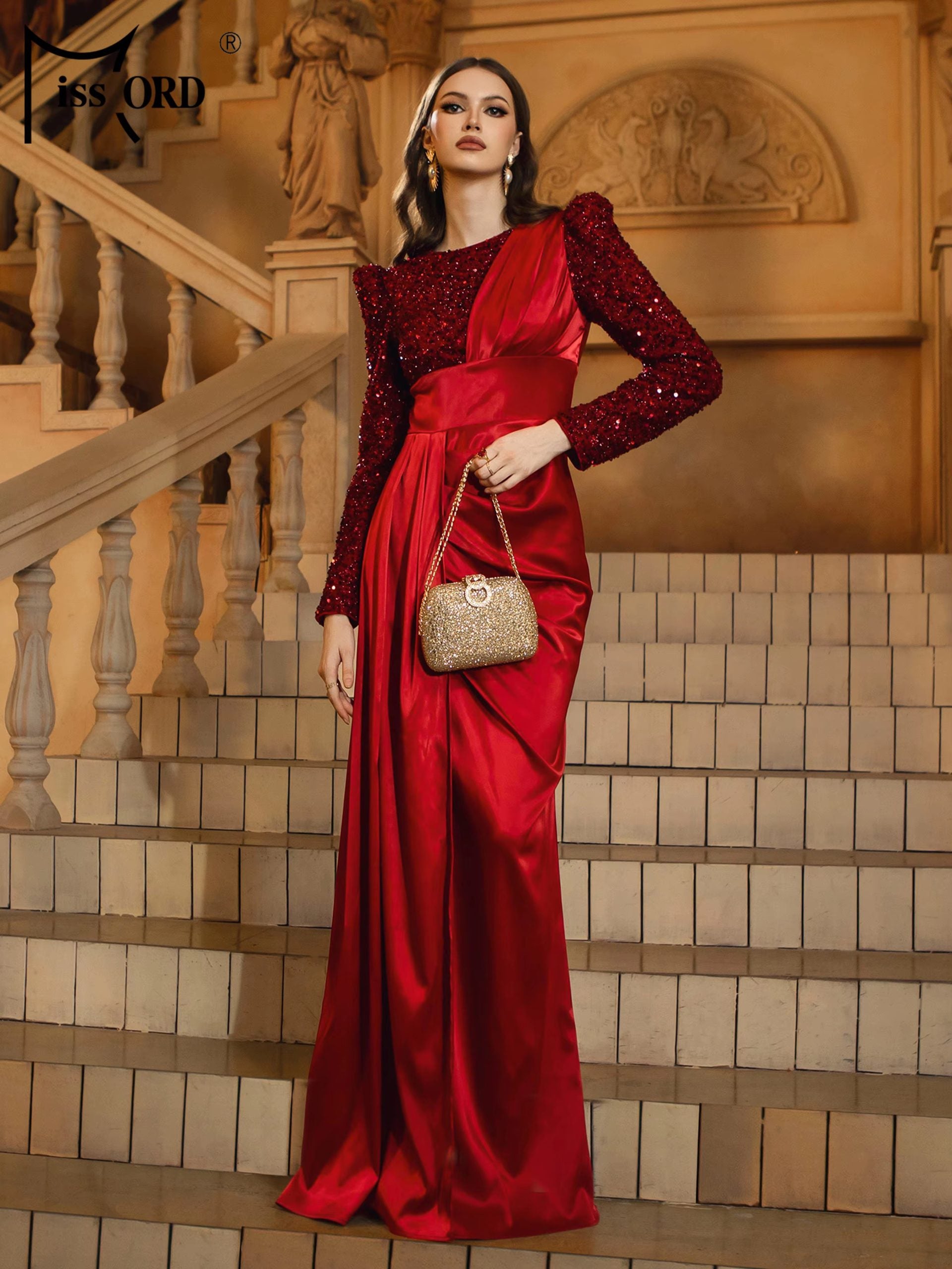 Elegant Round Church Neck Long Sleeved Sequin Satin Formal Dress