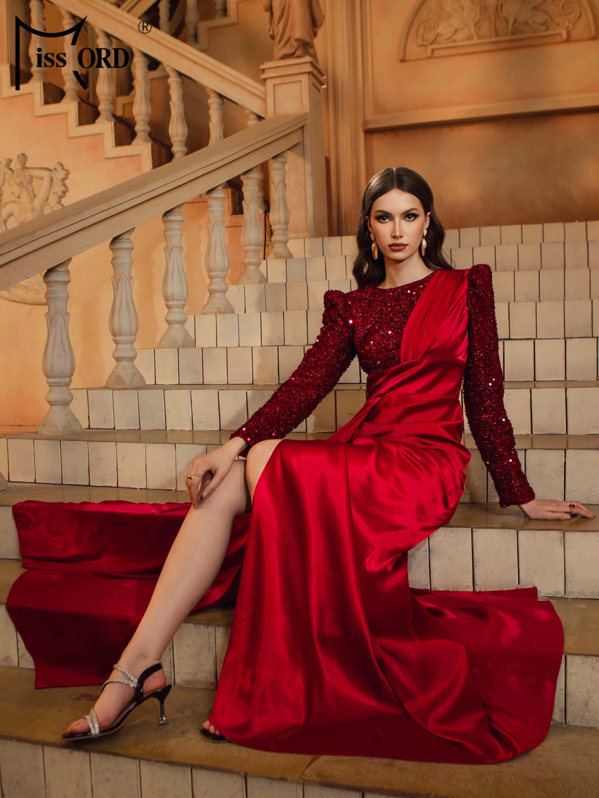 Elegant Round Church Neck Long Sleeved Sequin Satin Formal Dress