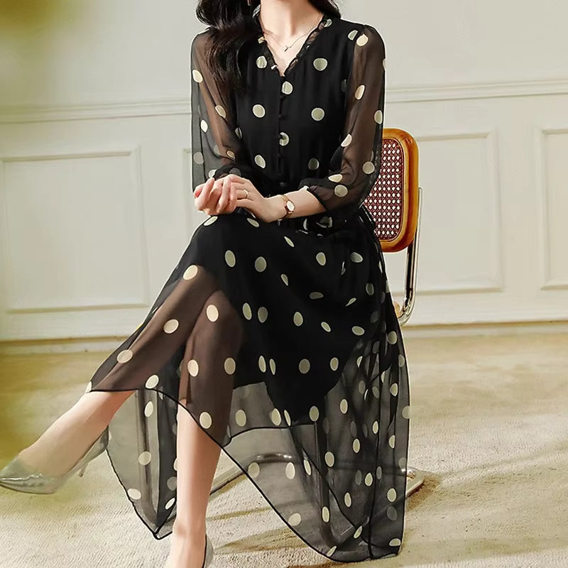 Elegant Round Dot Printing Lantern Sleeve V-neck High Waisted Gentle Long Chiffon Dress