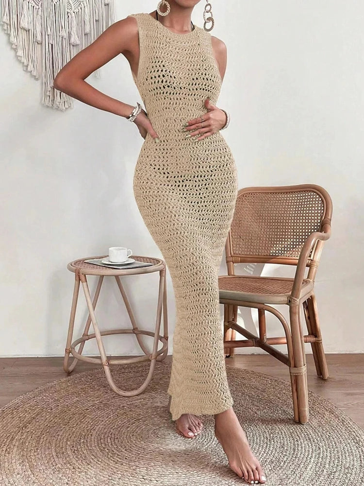 Elegant Round Neck And Waist Clip Skirt Hollow Fit Woolen Out Dress