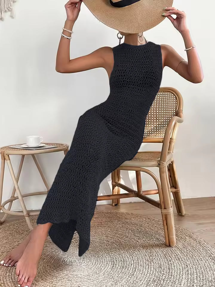 Elegant Round Neck And Waist Clip Skirt Hollow Fit Woolen Out Dress