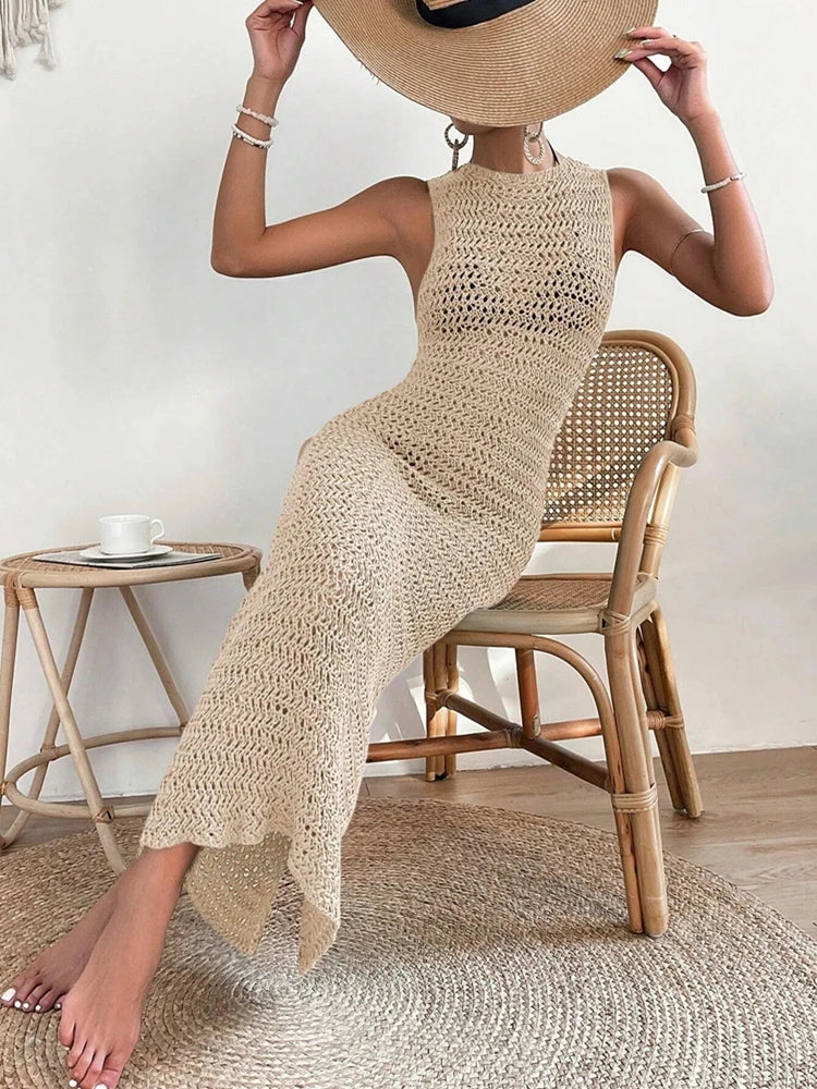 Elegant Round Neck And Waist Clip Skirt Hollow Fit Woolen Out Dress
