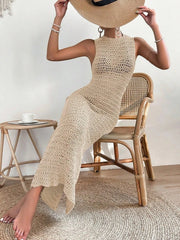 Elegant Round Neck And Waist Clip Skirt Hollow Fit Woolen Out Dress