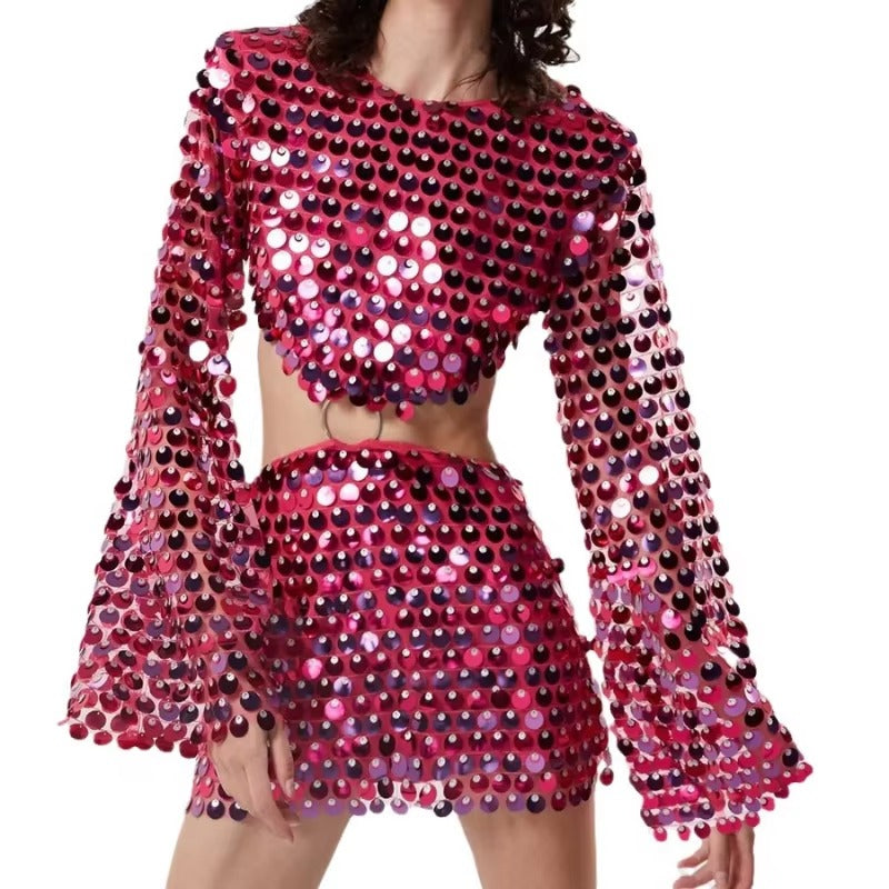 Elegant Round Neck Glitter Sequins Hollow Out Mini Dress