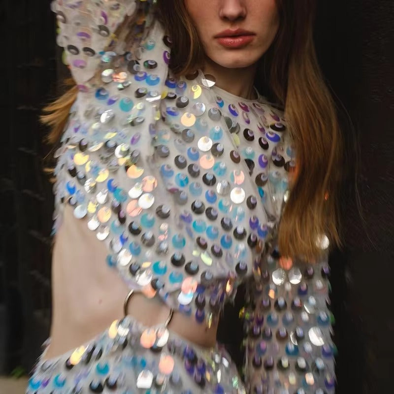 Elegant Round Neck Glitter Sequins Hollow Out Mini Dress