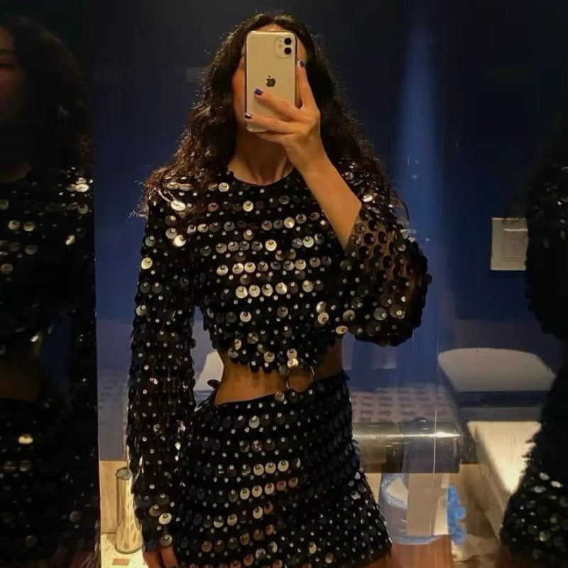 Elegant Round Neck Glitter Sequins Hollow Out Mini Dress